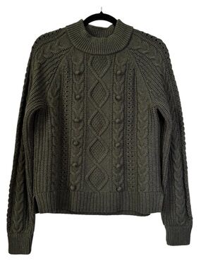 NWT J. Crew Pom-pom Cable Knit Sweater M Medium Heather Forest Green Wool Blend